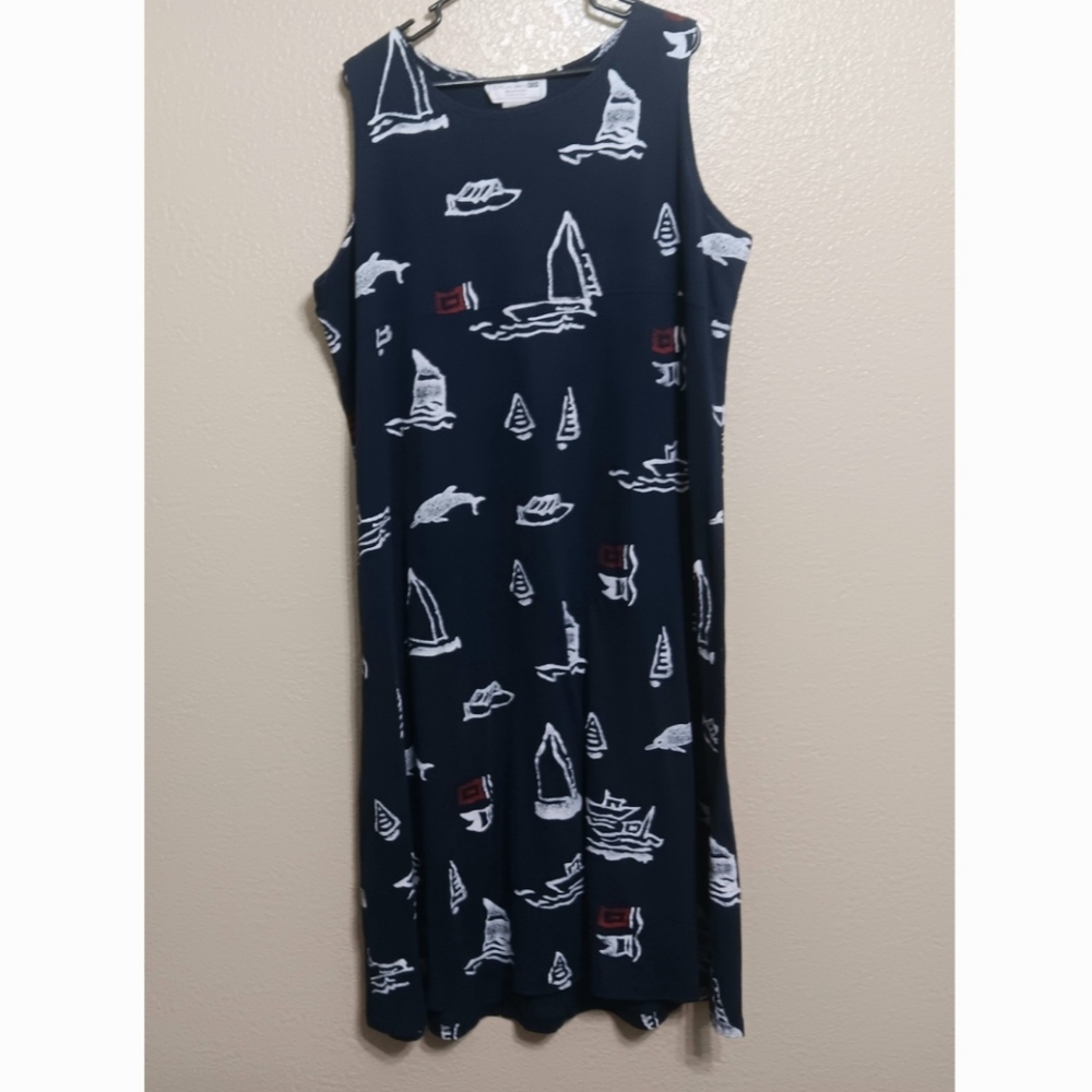 Studio G Blue White Red Sailboat Dolphin Knit Maxi Dress
